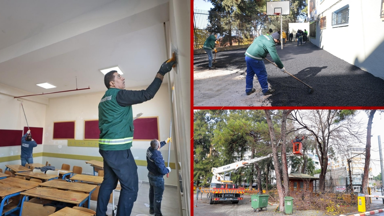 Öğrenciler yarıyıl tatilinin keyfini çıkarırken, Konak Belediyesi ekipleri okulları yeni