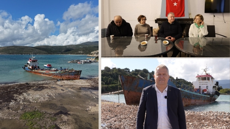 İzmir’in Urla ilçesine bağlı Demircili Koyu’nda kıyıya çekilen hurda gemi,