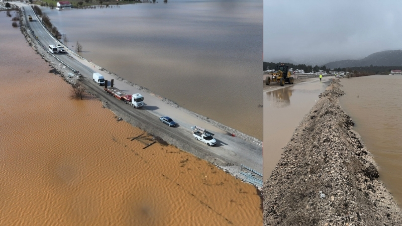 Fethiye-Antalya kara yolunda su baskını nedeniyle ulaşım kontrollü olarak sağlanırken,