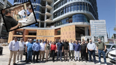 Konak Belediyesi’nin 9 Eylül Meydanı’nda yükselen yeni hizmet binasında çalışmalar